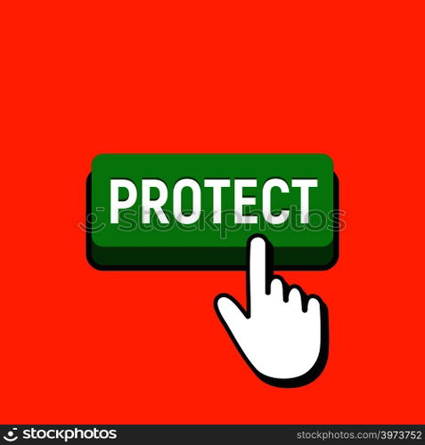 Hand Mouse Cursor Clicks the Protect Button. Pointer Push Press Button Concept.