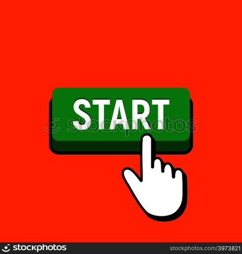 Hand Mouse Cursor Clicks the Start Button. Pointer Push Press Button Concept.