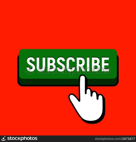 Hand Mouse Cursor Clicks the Subscribe Button. Pointer Push Press Button Concept.