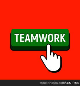 Hand Mouse Cursor Clicks the Teamwork Button. Pointer Push Press Button Concept.