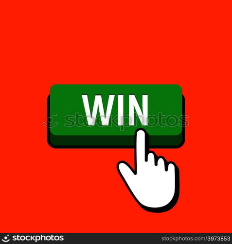 Hand Mouse Cursor Clicks the Win Button. Pointer Push Press Button Concept.