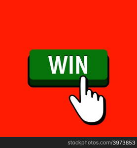 Hand Mouse Cursor Clicks the Win Button. Pointer Push Press Button Concept.