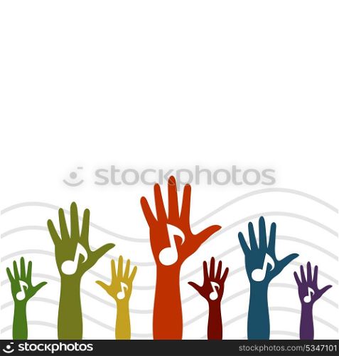 Hand music. The hand with the note is lifted upwards. A vector illustration the grey