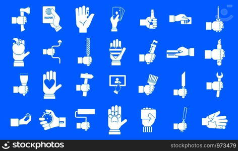 Hand object icon set. Simple set of hand object vector icons for web design isolated on blue background. Hand object icon blue set vector