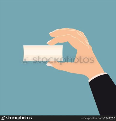 Hand of a businessman holding a sheet of white paper. Template, concept design. Hand of a businessman holding a sheet of white paper. Template, concept design, vector, illustration, cartoon style, isolated