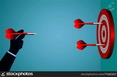 hand of a businessman who is throwing a red dart to the target. The red circle is next to the blue wall. business success. startup. leadership. illustration cartoon vector