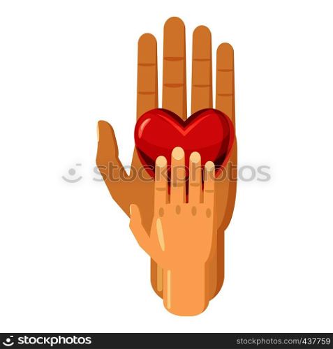 Hand of adult and kid with red heart icon. Cartoon illustration of hand of adult and kid with red heart vector icon for web. Hand of adult and kid with red heart icon