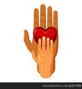 Hand of adult and kid with red heart icon. Cartoon illustration of hand of adult and kid with red heart vector icon for web. Hand of adult and kid with red heart icon