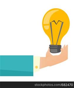Hand of business person holding a bright light bulb. Business idea concept. Vector cartoon illustration isolated on white background.. Hand of business person holding bright light bulb.