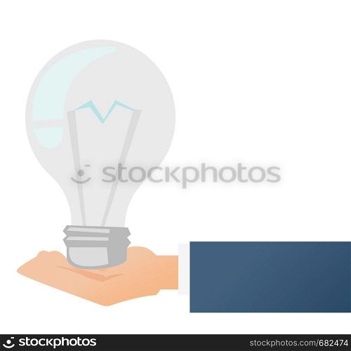 Hand of business person holding an unlit light bulb. Business idea concept. Vector cartoon illustration isolated on white background.. Hand of business person holding unlit light bulb.