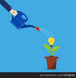 Hand of business person watering idea tree. Vector illustration in flat style. Hand of business person watering idea tree.