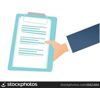 Hand of businessman holding a clipboard with documents vector cartoon illustration isolated on white background.. Hand holding a clipboard with business documents.