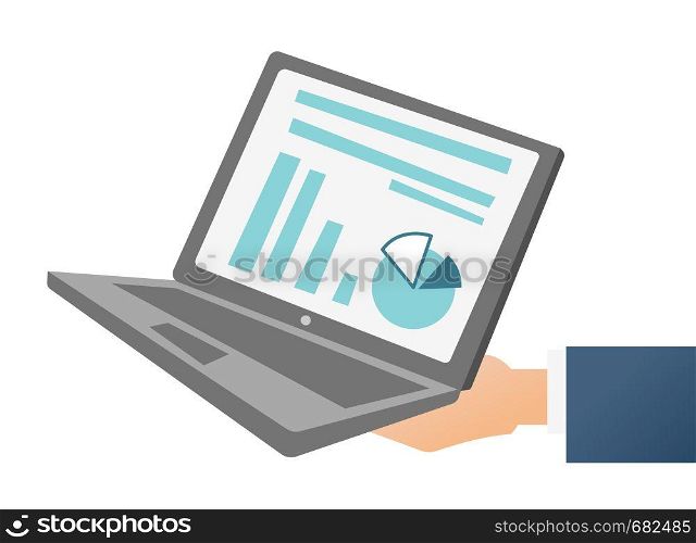 Hand of businessman holding a laptop with financial chart and diagram on the screen vector cartoon illustration isolated on white background.. Hand holding a laptop with chart and diagram.