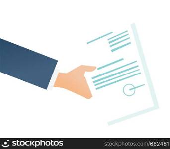 Hand of businessman holding a legal document vector cartoon illustration isolated on white background.. Hand of businessman holding a legal document.