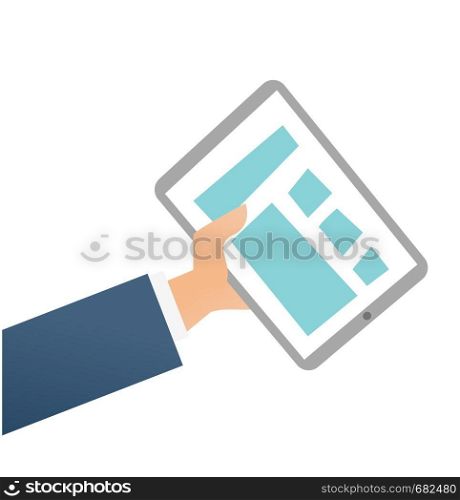 Hand of businessman holding a tablet computer vector cartoon illustration isolated on white background.. Hand of businessman holding a tablet computer.