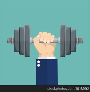 Hand of Businessman holding dumbbell. Dumbbell weight. Strength, power and success concept. Vector illustration in flat design. Hand of Businessman holding dumbbell.