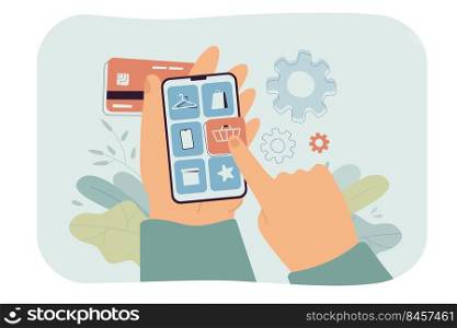 Hand of customer holding smartphone and making purchase in app. Man choosing product category in online shop or service and making payment flat vector illustration. Technology, ecommerce concept