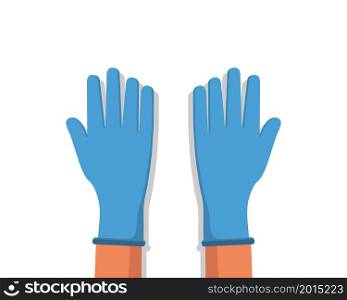 Hand of doctor in blue latex glove. Surgical rubber glove for protection from covid. Disposable medical plastic gloves for safety in hospital. Arm of surgeon or lab worker. Symbol of health. Vector.. Hand of doctor in blue latex glove. Surgical rubber glove for protection from covid. Disposable medical plastic gloves for safety in hospital. Arm of surgeon or lab worker. Symbol of health. Vector