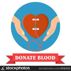 Hand of donor with heart. Blood donation day concept. Human donates blood. Vector illustration in flat style.. Hand of donor with heart.