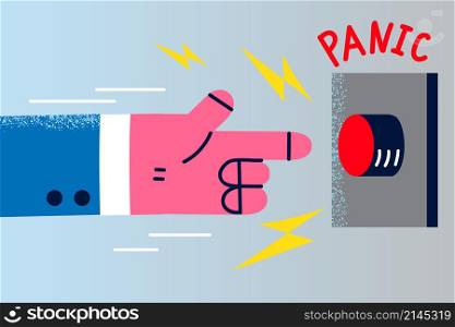 Hand of man press panic button feel worried anxious about life problem or difficulty. Stressed male or businessman distressed have anxiety attack miss deadline at work. Vector illustration. . Hand of man feel anxious push panic button