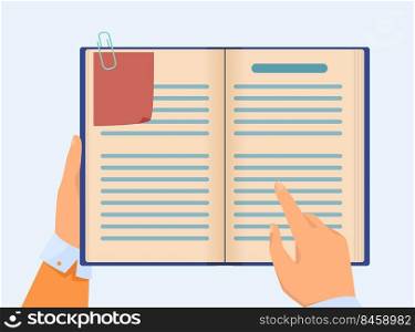 Hand of manager checking notes in notebook. Business professional with book planner planning tasks. Flat vector illustration. Management concept for banner, website design or landing web page