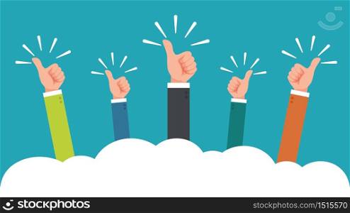 hand of many businessman with thumbs up feedback through the clouds vector illustration