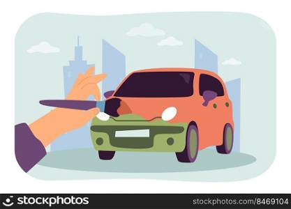 Hand of painter painting car with brush. Vehicle color change by person from autobody repair service flat vector illustration. Maintenance concept for banner, website design or landing web page. Hand of painter painting car with brush