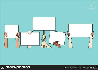 Hand of people holding banners on protest or demonstration. Activists with signs fight for equality and freedom. Mockup empty copy space. Protesters on streets. Vector illustration.. Hand of people with mockup banners 