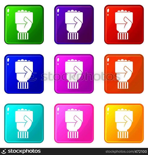 Hand of soccer referee showing card icons of 9 color set isolated vector illustration. Hand of soccer referee showing card icons 9 set