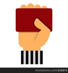 Hand of soccer referee showing red card icon flat isolated on white background vector illustration. Hand of soccer referee showing red card icon