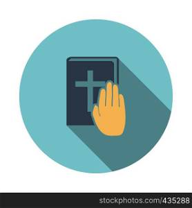 Hand on Bible icon. Flat Design Circle With Long Shadow. Vector Illustration.