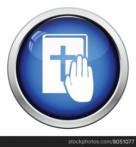 Hand on Bible icon. Glossy button design. Vector illustration.