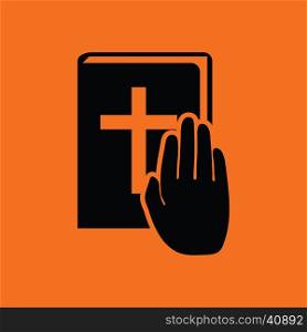 Hand on Bible icon. Orange background with black. Vector illustration.