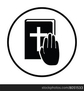 Hand on Bible icon. Thin circle design. Vector illustration.