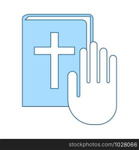 Hand On Bible Icon. Thin Line With Blue Fill Design. Vector Illustration.