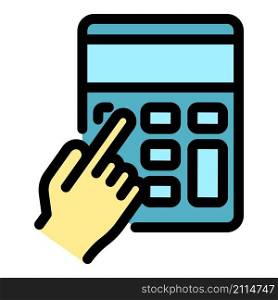 Hand on calculator icon. Outline hand on calculator vector icon color flat isolated. Hand on calculator icon color outline vector