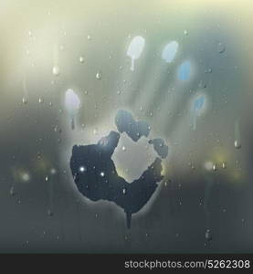 Hand On Misted Glass Realistic Composition. Colored hand on misted glass realistic composition with rain stains and handprint on the window vector illustration