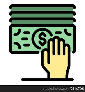 Hand on money icon. Outline hand on money vector icon color flat isolated. Hand on money icon color outline vector