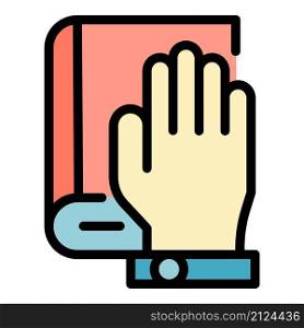 Hand on the bible icon. Outline hand on the bible vector icon color flat isolated. Hand on the bible icon color outline vector