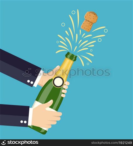 hand open champagne, Champagne splash icon template concept. Vector illustration flat style .. hand open champagne, Champagne splash
