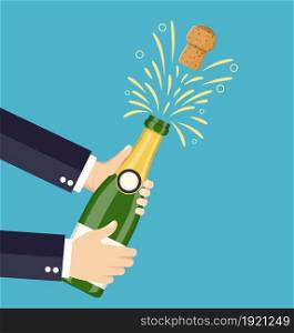 hand open champagne, Champagne splash icon template concept. Vector illustration flat style .. hand open champagne, Champagne splash