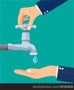 Hand open for drinking tap water. Drink a falling drop. Liquid in the palm. Turn on and turn off faucet. Saving water. Vector illustration in flat style. Hand open for drinking tap water.