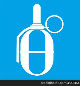 Hand paintball grenade icon white isolated on blue background vector illustration. Hand paintball grenade icon white