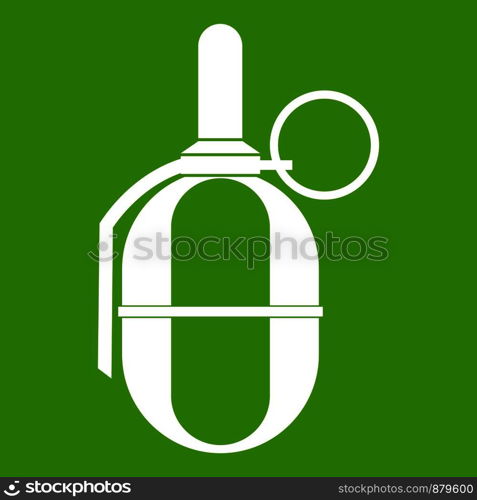 Hand paintball grenade icon white isolated on green background. Vector illustration. Hand paintball grenade icon green