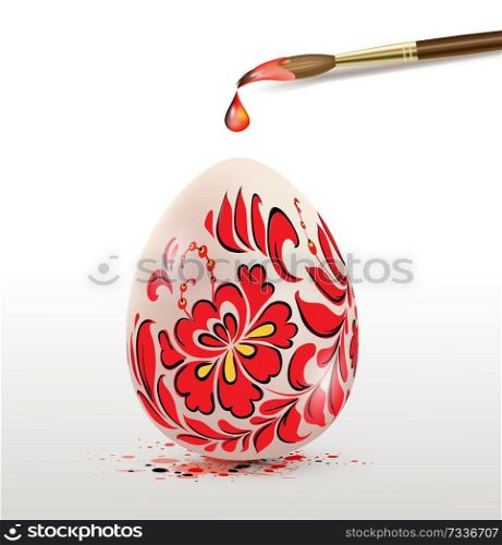 Hand painted decorative Easter egg with red floral ornament and paintbrush. Ukrainian traditional folk painting art style. Realistic vector illustration.