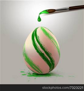 Hand painted green Easter egg and paintbrush. Realistic vector illustration.