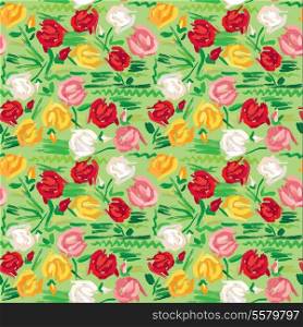 Hand painted roses seamless pattern in pink, red, white and yellow tones on green background.