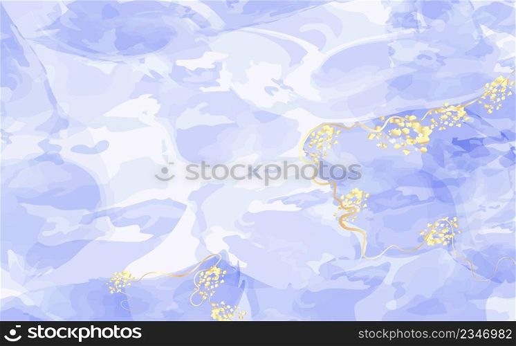 Hand painted watercolor sky and clouds, abstract watercolor background with golden texture .Blue fluid painting .Spring wedding invitation.