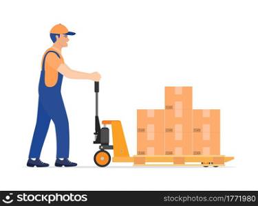 Hand pallet truck with cardboard box and mover isolated on white. Pallet jack full of carton boxes. Delivery packaging closed container with fragile signs. Vector illustration in flat style. Hand pallet truck