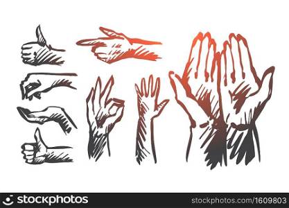 Hand, palm, human, finger, gesture concept. Hand drawn human hands shows different gestures concept sketch. Isolated vector illustration.. Hand, palm, human, finger, gesture concept. Hand drawn isolated vector.